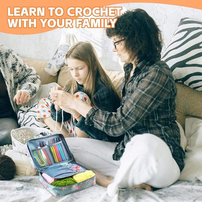 58pcs Crochet Kit Beginners, Crochet Hook Set with Yarn, Portable Crocheting Kit for Starter, Ergonomic Crochet Needles Tools DIY Knitting Accessories for Experienced Crochet Lovers, Flamingo