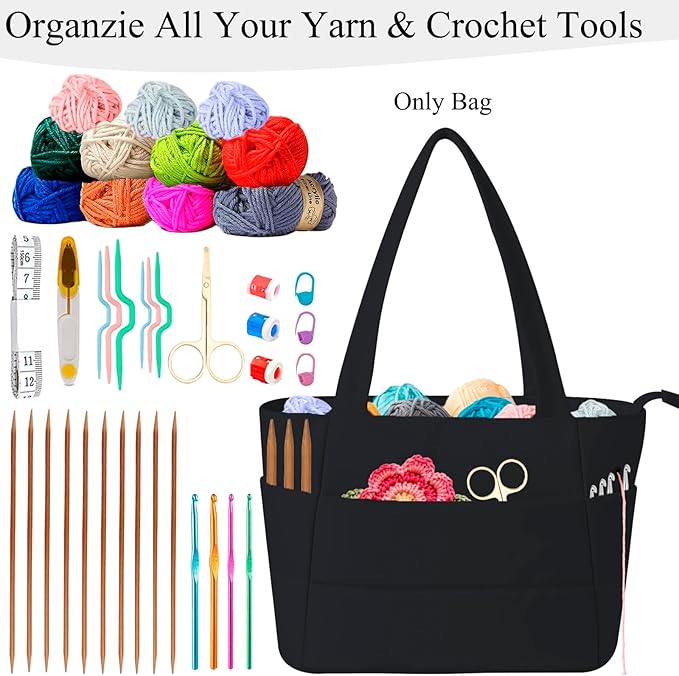 Crochet Bag for Yarn Storage, Puffer Knitting Bag with Soft Handles, Lightweight Yarn Storage Organizer with Zipper for Crochet Accessories, Gifts for Crocheters (Black)
