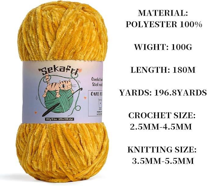 3 Pack of 300g (590yds) Fuzzy Chenille Yarn for Crocheting,Fluffy Amigurumi Crochet Yarn for DIY Craft/Hat/Clothes, Soft Velvet Baby Blanket Yarns（3 Turmeric）
