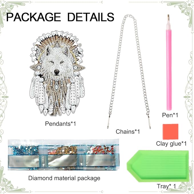 AiYuanzsh White Wolf Diamond Painting Hanging Ornament – DIY 5D Crystal Art Kit with Feathers, Tribal Totem Style Diamond Art Pendant Ornament Wall or Window Decoration for Adults