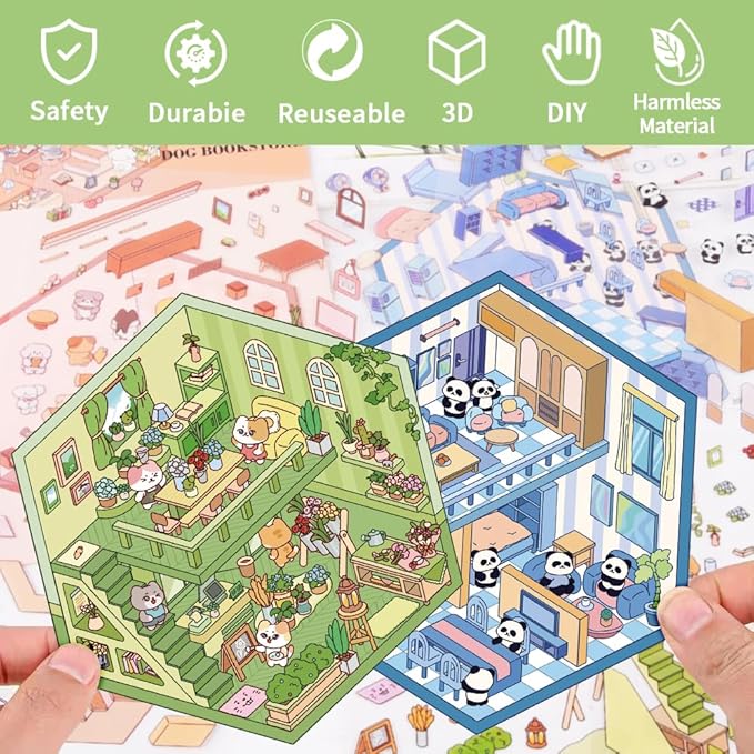 Scrapbooking Supplies Kit,DIY 3D Stickers Scene,3 Set Funny DIY Sticker Scenes,Make Your Own Cute 3D Miniature Room Scene Stickers for Adults Relief Stress Pass The Time.16-17-18