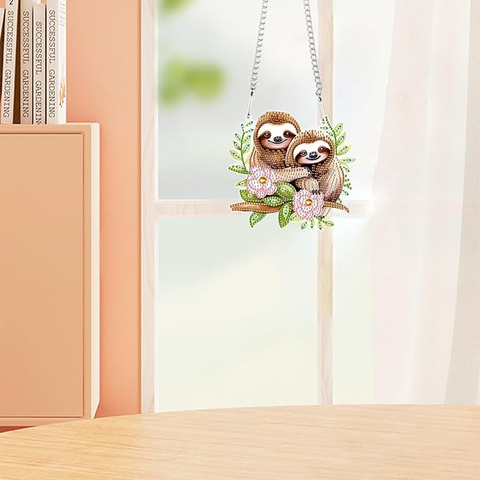 AiYuanzsh Diamond Art Painting Pendant Kits Animal 5D Diamond Painting Art Hanging Kit Cute Brown Sloth DIY Diamond Crystal Window Pendant Kit for Adults Gift Wall Home Decoration