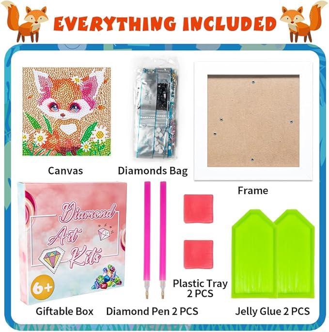 QEUOYSS Diamond Art Kit for Kids with Wooden Frame Art and Crafts for Kids Ages 6-8 -10-12 Easy to DIY Diamond Art for Kid and Adult Beginners Home Wall Decoration (Flower Fox)