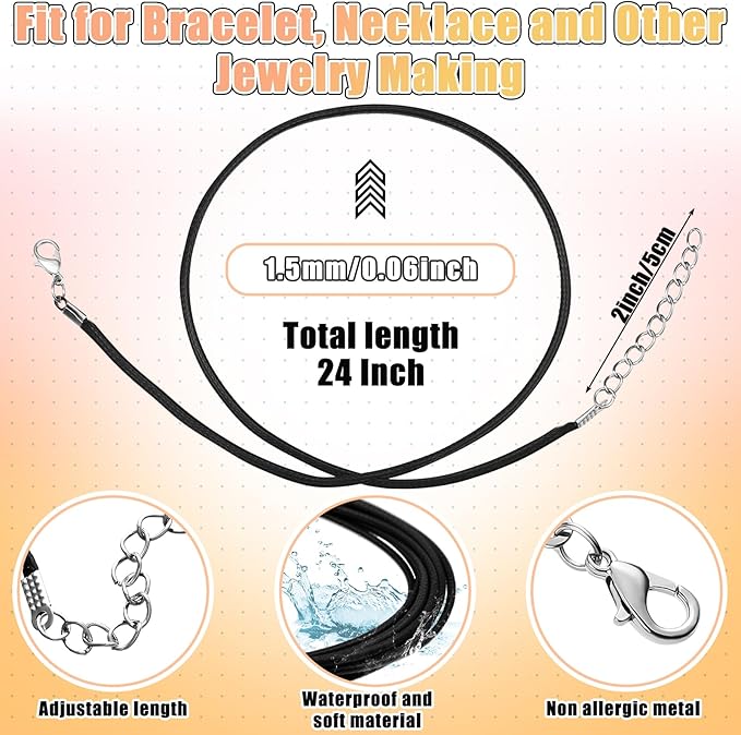 Tudomro 100 Pieces Waxed Leather Necklace Cord Bulk with Clasp Necklace Bracelet Chains String Rope Cord for Jewelry Making Pendants Charms(Black,24 Inch)