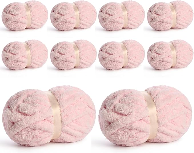 10 Pack Jumbo Chenille Yarn for Crocheting, #10 Super Bulky Baby Soft Yarn for Hand Knitting, 220 yds /70.5 oz Fluffy Chunky Knit Throw Blanket Yarn (Pink)