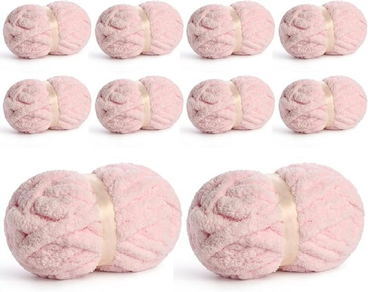 10 Pack Jumbo Chenille Yarn for Crocheting, #10 Super Bulky Baby Soft Yarn for Hand Knitting, 220 yds /70.5 oz Fluffy Chunky Knit Throw Blanket Yarn (Pink)
