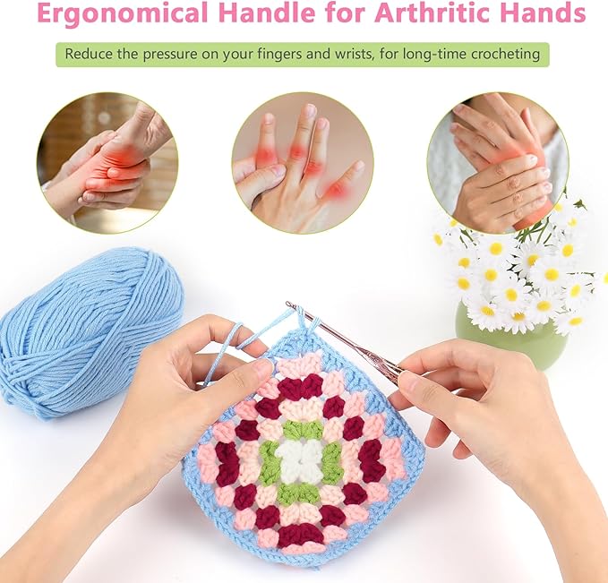 Katech 3mm Crochet Hooks with Floral Pattern-Elegant &Unique Crochet Needles-Longer Smooth Glide Crocheting Hook for Arthritic Hands, Beginners & Professional Ideal Crochet Gift(D)