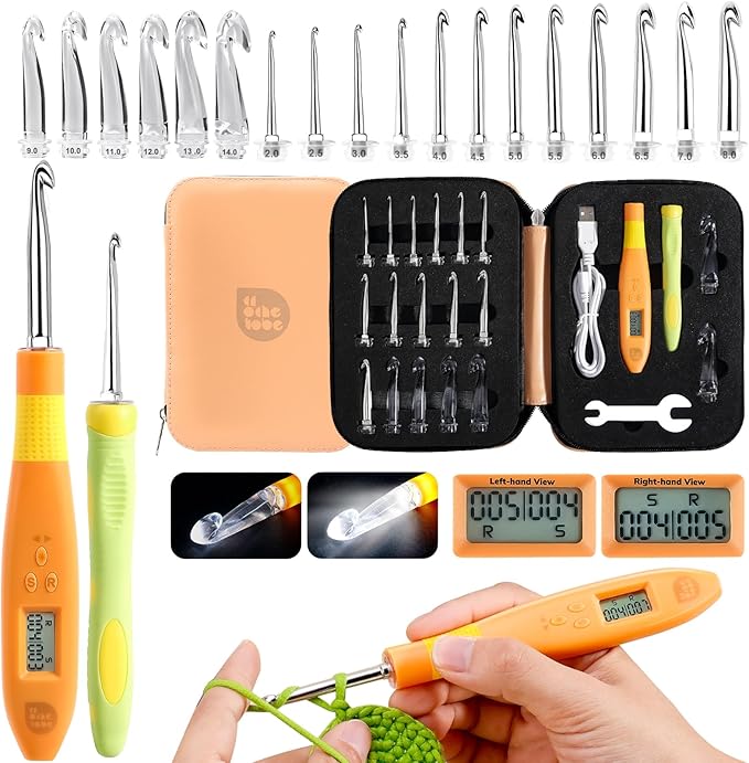 PP OPOUNT 18 Sizes Light Up Crochet Hook Set (2.0–14.0mm) - Plastic Rechargeable Lighted Hooks with LED & Digital Counter, Sliver Crochet Tools and Orange Counting Crochet Hook（Ambidextrous