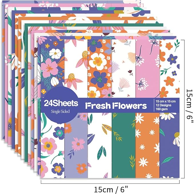 6x6” 160gsm cardstock Single Sided Scrapbooking 24 Papers Pad vintage decoupage scrapbook kit patterned paper junk journal supplies journaling supply scrap paper crafting Fresh Flowers