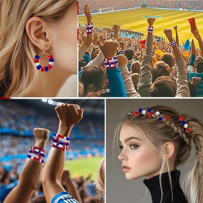 MIIIM 1000PCS 6x9mm Patriotic Pony Beads Bulk, 7 Styles Red White and Blue Kandi Beads for Bracelets Making Kit, Hair Braids Crafts for Jewelry Making (4th of July)