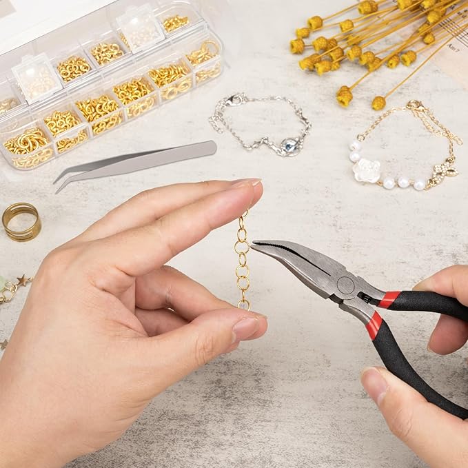 1200 Pcs Jump Rings, Jewelry Making Kit with Open/Close Tools, Pliers, Tweezers, Lobster Clasps, DIY Necklace Repair and Keychain Supplies (Gold)