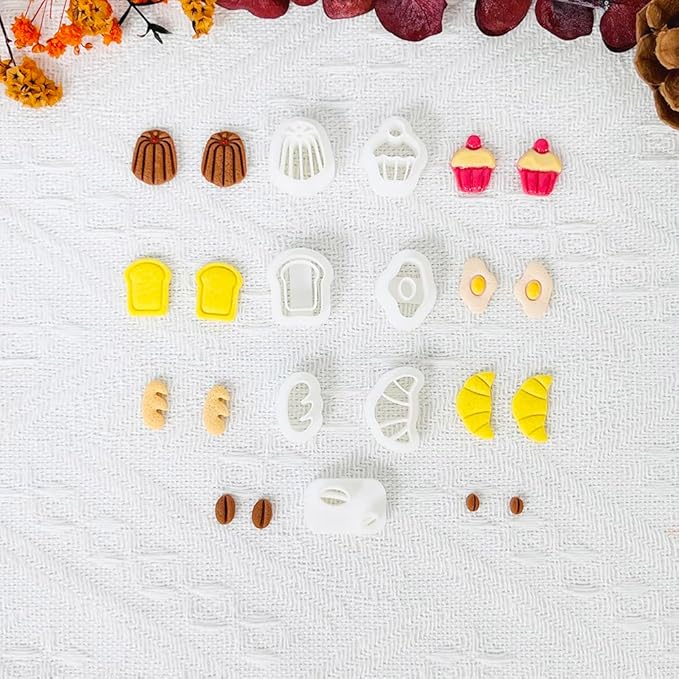 Xaekicr Breakfast Food Polymer Clay Cutters Set – 7pcs Bread Cupcake Egg Coffee Designs Clay Cutters for Polymer Clay Jewelry Making – Cute Clay Molds and Clay Tools for Mini Food Earrings