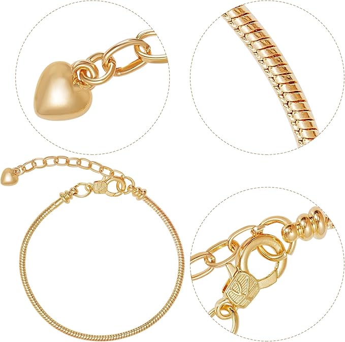10pcs Chain Bracelets Kit Gold Plated Snake Chain with Heart Lobster European Charm Bracelet for Christmas DIY Women Jewelry Findings Bracelet Making (Gold)