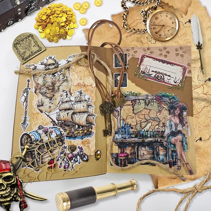 Dwetpzo Vintage Pre-Cut Journal Pirate Sticker Book for Junk Journaling Supplies, Washi, Paper, Transparent PET Stickers for Scrapbooking, Collage, Planner, Bujo, 20 Sheets