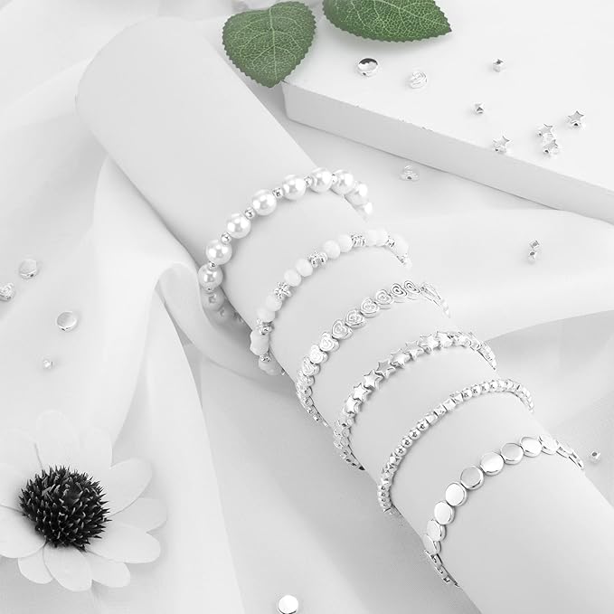Hicarer 1200 Pieces White Spacer Beads Set Bead Bracelet Making Kit for Jewelry Making Assorted Star Round Flower Pony Beads for Friendship Bracelets DIY Crafts Gifts