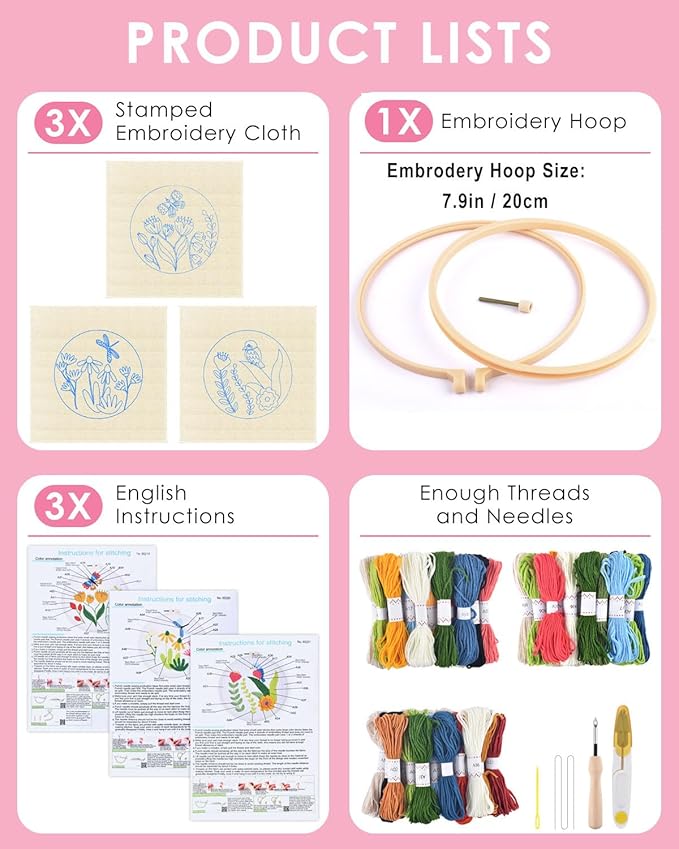 TINDTOP 3 Sets Punch Needle Kits, Flowers Punch Embroidery Kits for Adults Beginner, Tool with Punch Needle Fabric, Hoops, Yarns and Sewing Needles