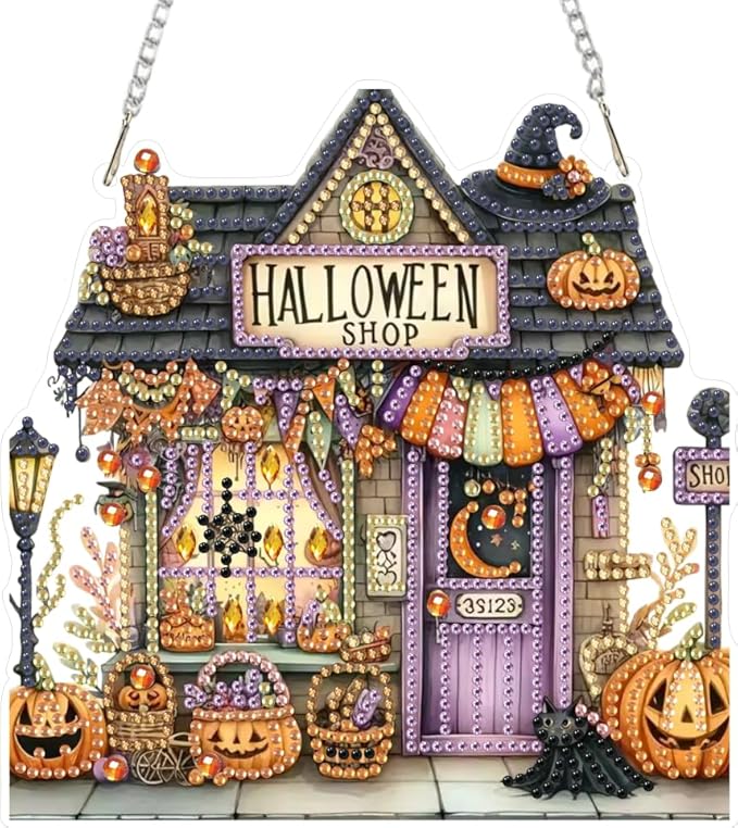 EIBEILI Diamond Art Painting Pendant Kits 5D Diamond Art Painting Art Hanging Kit Halloween Shop DIY Diamond Crystal Window Pendant Kit for Adults Gift Wall Home Decoration