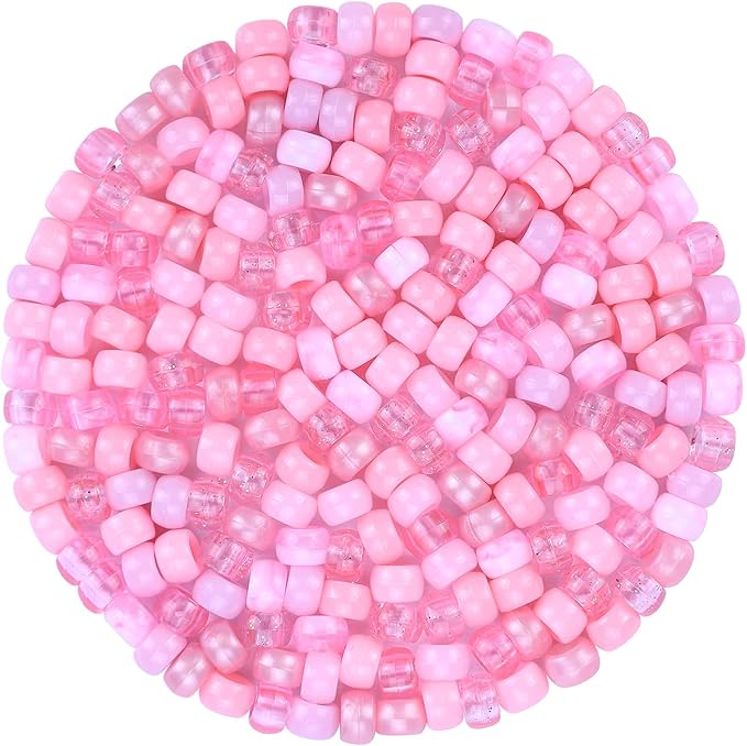 Plastic Pony Beads for Jewelry Making, 1200 Pieces, Multi-Color, 0.35 x 0.22 inch, DIY Craft Beads for Bracelets and Hair Braids (Pink)