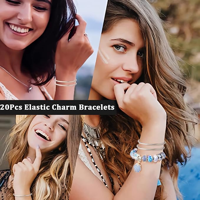 20 Pieces Snake Charm Bracelet Stainless Steel 3mm Expandable Charm Bangle Bracelets Silver Adjustable Friendship Snake Bracelet DIY Charm Bracelet for Women Jewelry Christmas Birthday Gifts