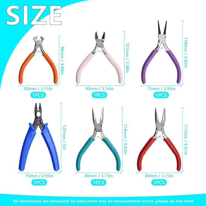 6Pcs Jewelry Pliers Making Tools Kit for Necklace, Bracelet, Earrings or Repairing, Include Wire Cutters, Nose, Crimping, Bent Nose Pliers, End Nippers for Beading Craft