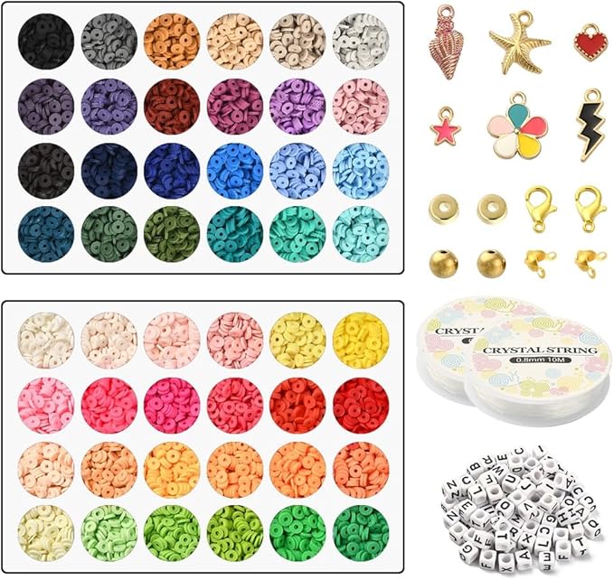 Echoed Elegance Clay Beads 2 Boxes Bracelet Making Kit, 7448 pcs Beads for Jewelry Making, Round Letter Beads with Charm and Elastic Strings, Friendship Bracelets Holiday Gifts for Girls Adults
