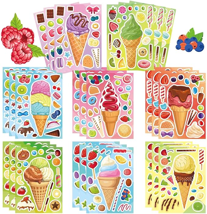 24 sheets ice cream stickers, make your own sticker for toddlers kids, make a face stickers for ice cream party favor supplies craft