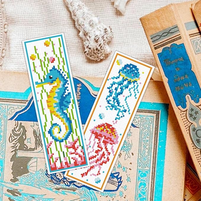 ORIGACH 6 Set Marine Animals Cross Stitch Bookmark Kit for Beginner with Backing Felt Floss Instructions DIY Stamped Embroidery Bookmark Kit for Adults, Book Lovers