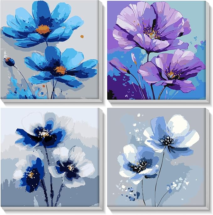 Lxmsja 4 Pack Floral Symphony Paint by Numbers Kit for Adults, Easy Framed Paint by Numbers for Adults Beginner, DIY Acrylic Oil Painting Craft Kits for Home Wall Decor 8x8 inch