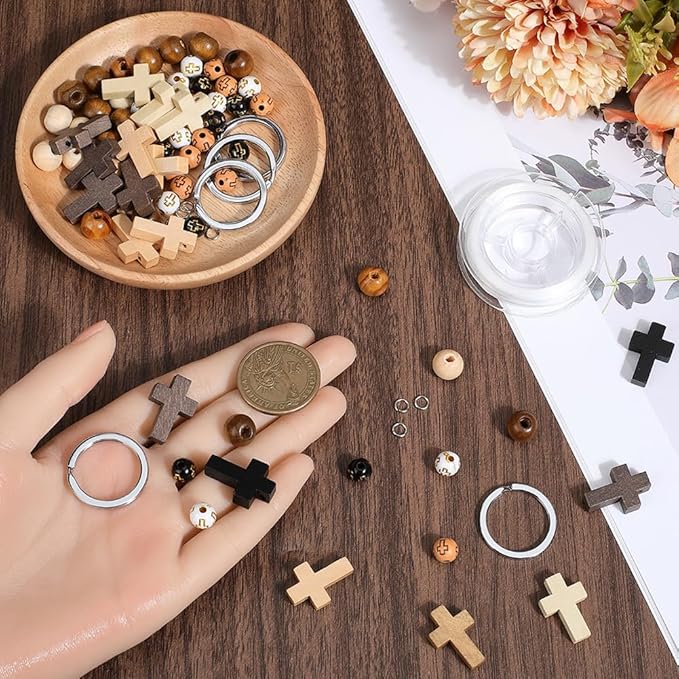 SUNNYCLUE 280Pcs Keychain Making Kit Wood Cross Charms Round Cross Bead Wood Cross Beads Mini Crucifix Charm Wooden Cross Charms Split Key Rings for Keychains Bracelets Beading Craft DIY Supplies