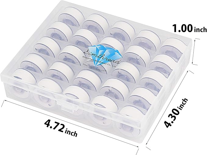 Simthread 25pcs 90WT White Prewound Bobbin Thread Size A Class 15 (SA156) with Clear Storage Plastic Case Box 60S/2 Compatible with Brother Embroidery Thread Sewing Thread Machine DIY