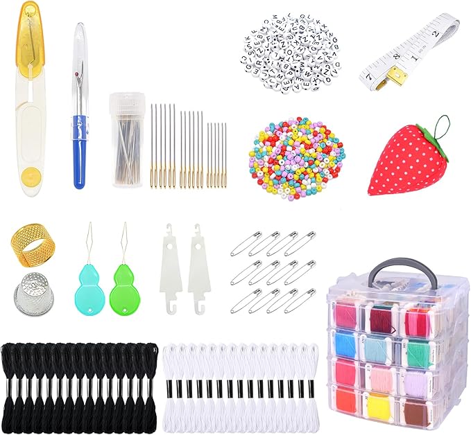 VICOVI 1080 Pack Embroidery Floss Thread Kit Including 200 Colors and 30 SkeinsWhite & Black Embroidery Thread Cross Stitch Sewing Thread with 850 Pcs Cross Stitch Tool and 4-Tier Transparent Box