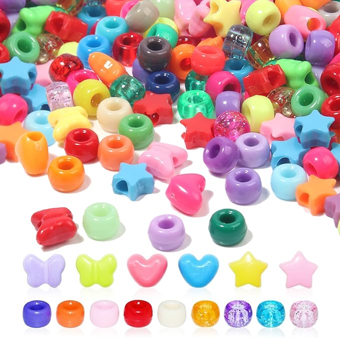 1000PCS Pony Assorted Beads for Bracelets,9mm Acrylic Beads Bulk with Cute Heart Star Butterfly Assorted Shaped for Braid Keychain Charms for Bracelet Necklace Jewelry Making Supplies