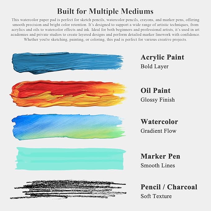 fuxi water color paper 9 x 12, watercolor sketchbook 140 lb cold press, 32 sheets (64 pages) watercolor pad, perfect for classroom, home & travel, art supplies for artists gifts.