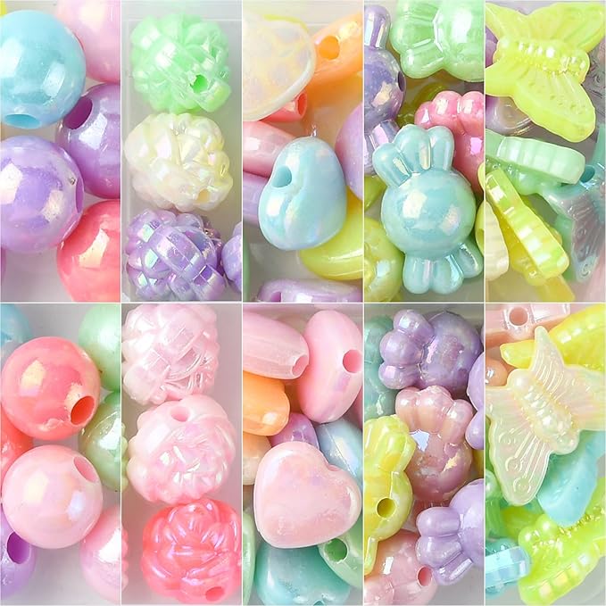 Ipotkitt 1 Box AB Color Opaque Acrylic Beads Candy Color Spacer Bead Kit Round Heart Butterfly Candy Rose Beads for Bracelets Jewelry Making DIY Crafts