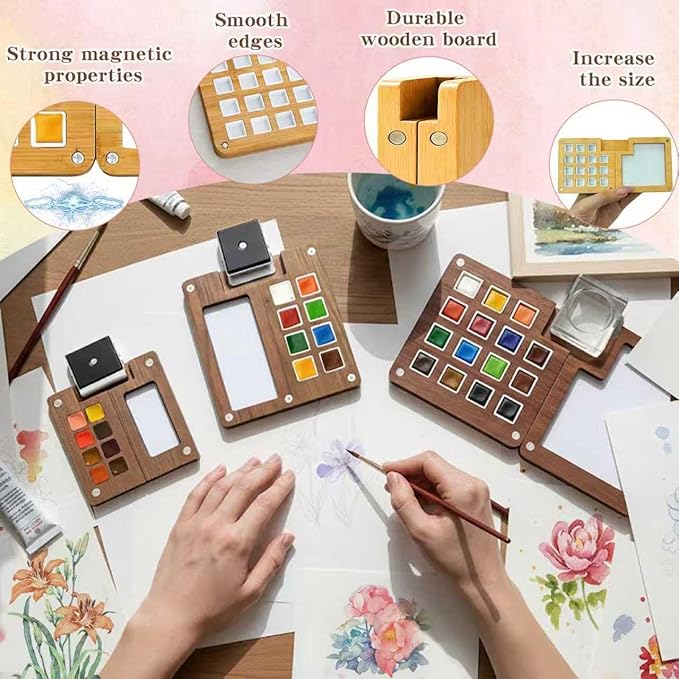 Mini Watercolor Paint Set - Mini Travel Watercolor Palette Set, Pocket Water Color Paint Palette Kit with 18 Colours, Sketchbook, Pens, Wooden Paints Box for Painters Artists