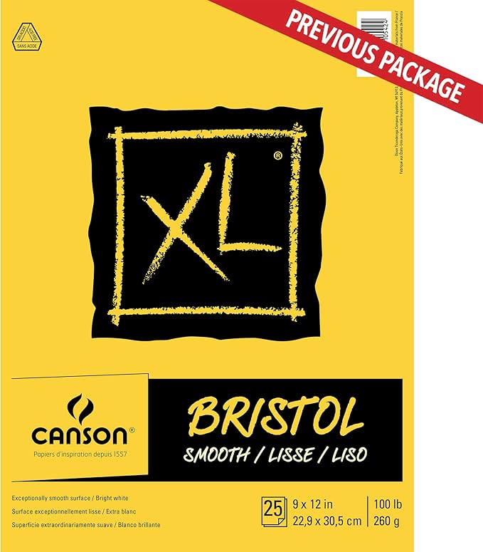 Canson XL Series Bristol Paper, Smooth, Foldover Pad, 9x12 inches, 25 Sheets (100lb/260g) - Artist Paper for Adults and Students - Markers, Pen and Ink