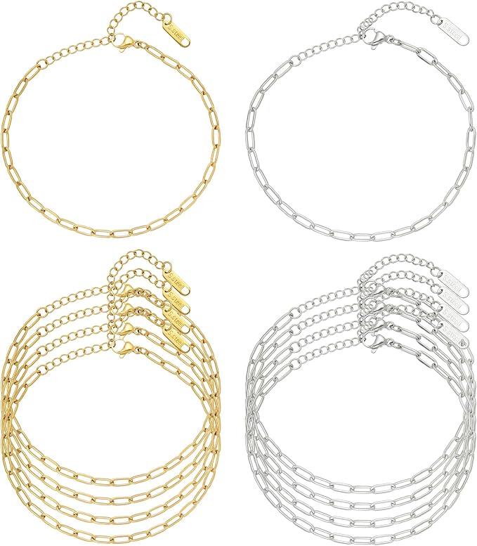Swyabi 10 PCS Paperclip Chain Bracelet Kit 6.5 Inch Stainless Steel Charm Bulk Bracelets with Extender for DIY Jewelry Making (Gold + Steel）