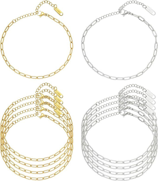 Swyabi 10 PCS Paperclip Chain Bracelet Kit 6.5 Inch Stainless Steel Charm Bulk Bracelets with Extender for DIY Jewelry Making (Gold + Steel）
