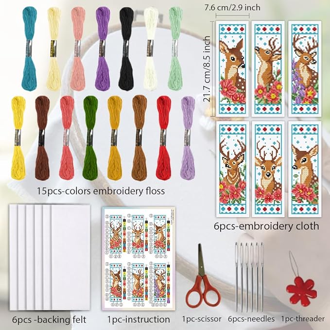 ORIGACH 6 Set Deer & Flower Cross Stitch Bookmark Kit for Beginner with Backing Felt Floss Instructions DIY Stamped Embroidery Bookmark Kit for Adults, Book Lovers