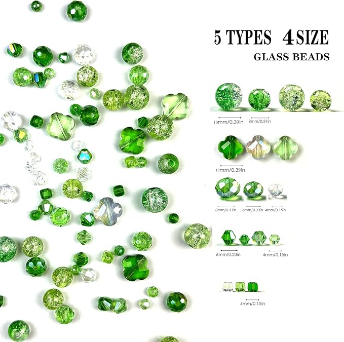 1000Pcs Glass Beads for Jewelry Making Crystal Beads for Bracelet Craft Necklace Earring Making Assorted Color 5 Style/Crackle Round/Briolette Faceted/Bicone/Cube/Four-Leaf Clover / 4 Size