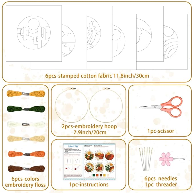 BEUNITONE Bohemian Embroidery Kit for Beginners, 6-Piece Stamped Needlepoint Craft Kits with Landscape, Sun, Moon, Leaves, Vase Designs, Complete DIY Handmade Embroidery Set for Relaxing Creative Fun