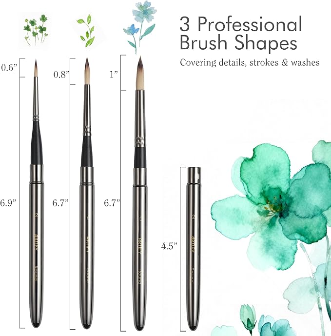 Artify Travel Watercolor Brushes, Outdoor Paint Brushes, Water Color Paint Brush Set with Anti-Rust Polished Metallic Gray Finish, Painting Brushes for Watercolor Gouache Ink - Gift for Artist (3PCS)