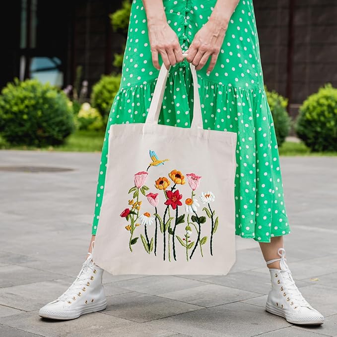 louise maelys embroidery kit canvas tote bag for beginners,cross stitch kits for adults,diy crafts needlepoint include hummingbird floral pattern,women shopping reusable grocery bags