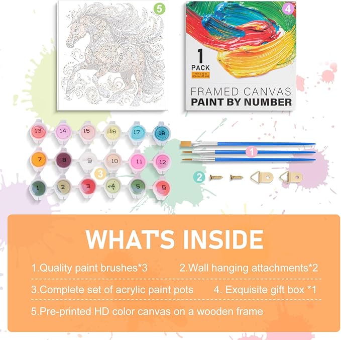 Offito Framed Paint by Numbers Kit for Adults Beginners & Kids Ages 8-12, Horse Acrylic Easy Paint by Number with Frame, Watercolor Paint by Number Kits on Canvas Framed (10 * 10 Inch, Without Easel)