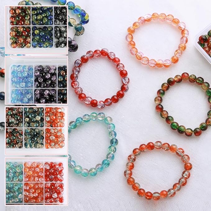 C MY 600pcs 8mm Crackle Glass Beads for Bracelet Jewelry Making Kit with 1 Roll Crystal Elastic Cord, 12 Colors Crystal Glass Beads for DIY Craft Friendship Ankle Necklace Earring Jewelry Making