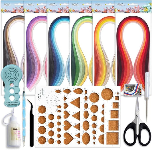 JUYA Paper Quilling Kits with 30 Colors 600 Strips and 8 Tools (Width:3mm with Glue, Blue Tools)