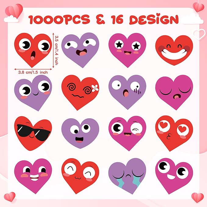 beyumi valentine smile face sticker - 1000pcs valentine's day heart shaped smile face stickers in 2 rolls cute valentine heart waterproof adhesive decal greeting card envelope party gift decor for kid