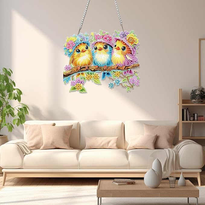 Miwixy Three Birds Hanging Diamond Art Kits for Adults,Colorful Flowers Special Shaped Crystal Diamond Painting Ornament DIY Double-Sided Pattern Window Pendant Gem Art Kit for Home Wall Decor