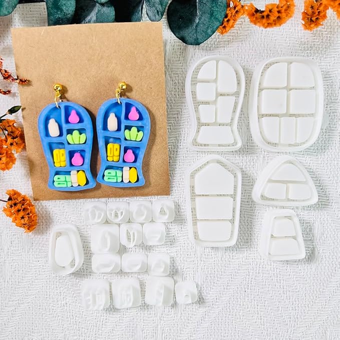 Xaekicr 20pcs Polymer Clay Cutters Display Shelf Set – Miniature Clay Cutters for Polymer Clay Jewelry, Bookshelf Earring Molds with Bottles, Pots and Bowls, Clay Tools for DIY Accessories