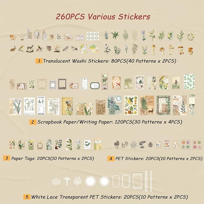Vintage Scrapbook Supplies Pack for Adults, Decorative Nature Retro Paper Stickers Collection for Journal DIY Arts Crafts Album Bullet Journals Planners (Nature)